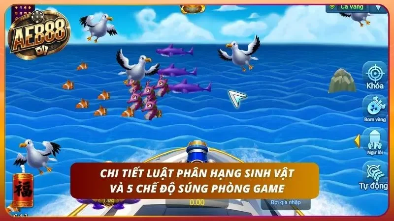 Màn bắn cá với đàn cá, chim biển và các nút Khóa, Bom vàng, Tự động.