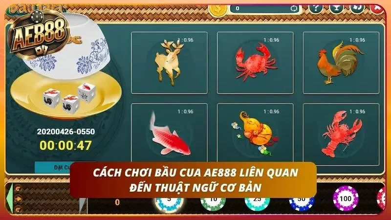 Bàn Bầu Cua với bát xúc xắc và sáu ô biểu tượng.
